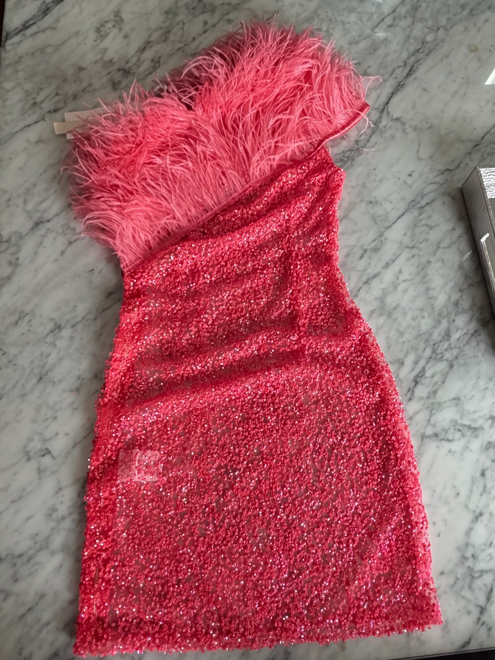 ❤️New Bronx and Banco Hot Pink shear Feather-Trim Mini Dress NO SLIP included
